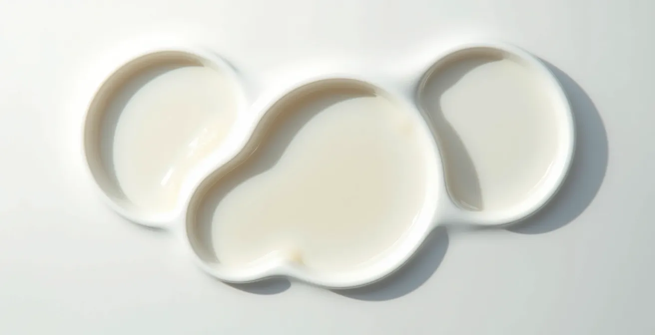 Drei verschiedene Pflegetexturen – wässrig, gelartig und cremig – in Schichten auf einer Oberfläche dargestellt, die die 3-Schichten-Methode symbolisieren.