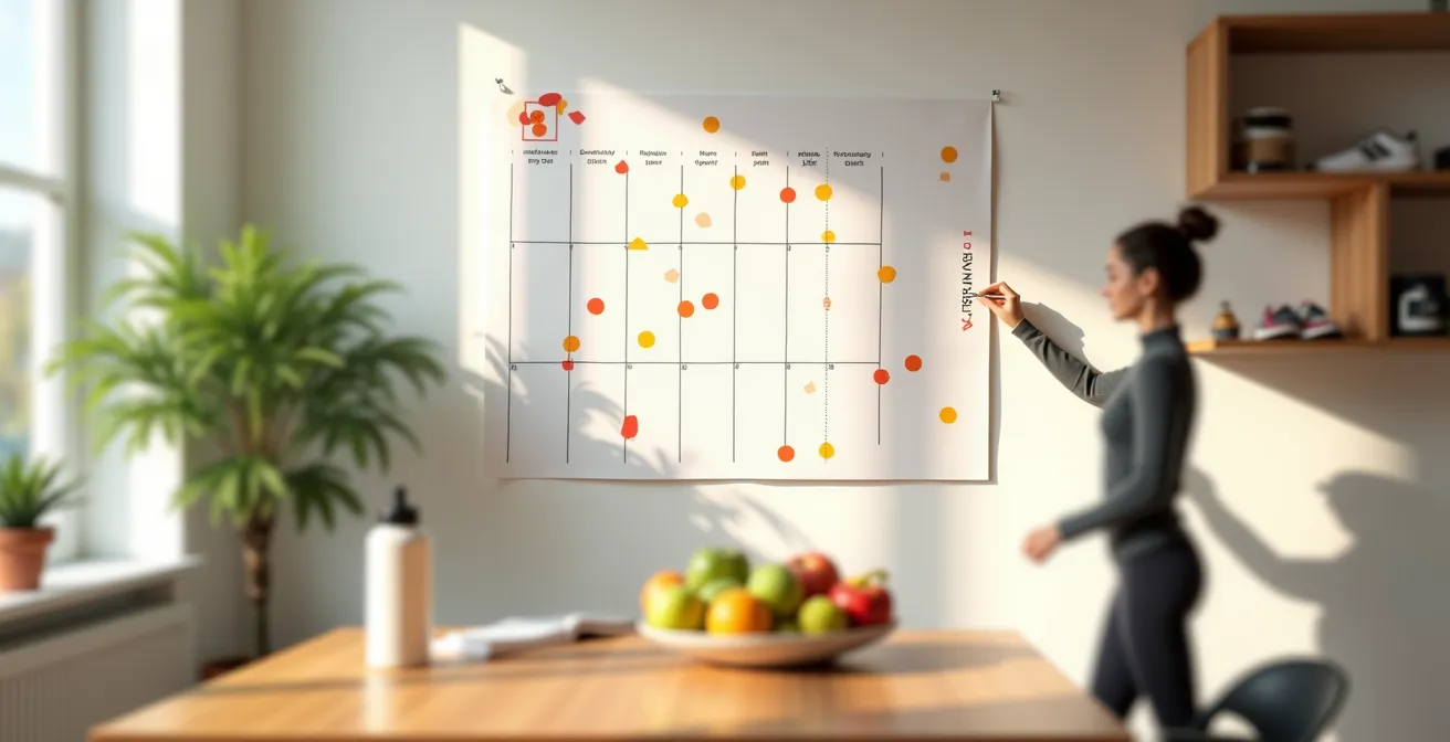 Eine Person markiert Meilensteine auf einem großen Wandkalender in einem modernen, minimalistischen Büro, was den planvollen Aufbau von Gewohnheiten über 90 Tage symbolisiert.