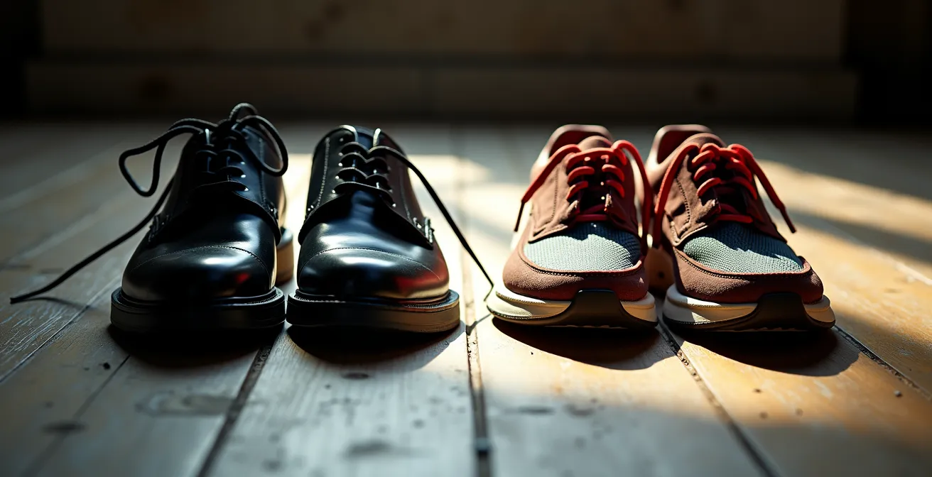 Makroaufnahme von Büroschuhen neben Laufschuhen auf Holzboden
