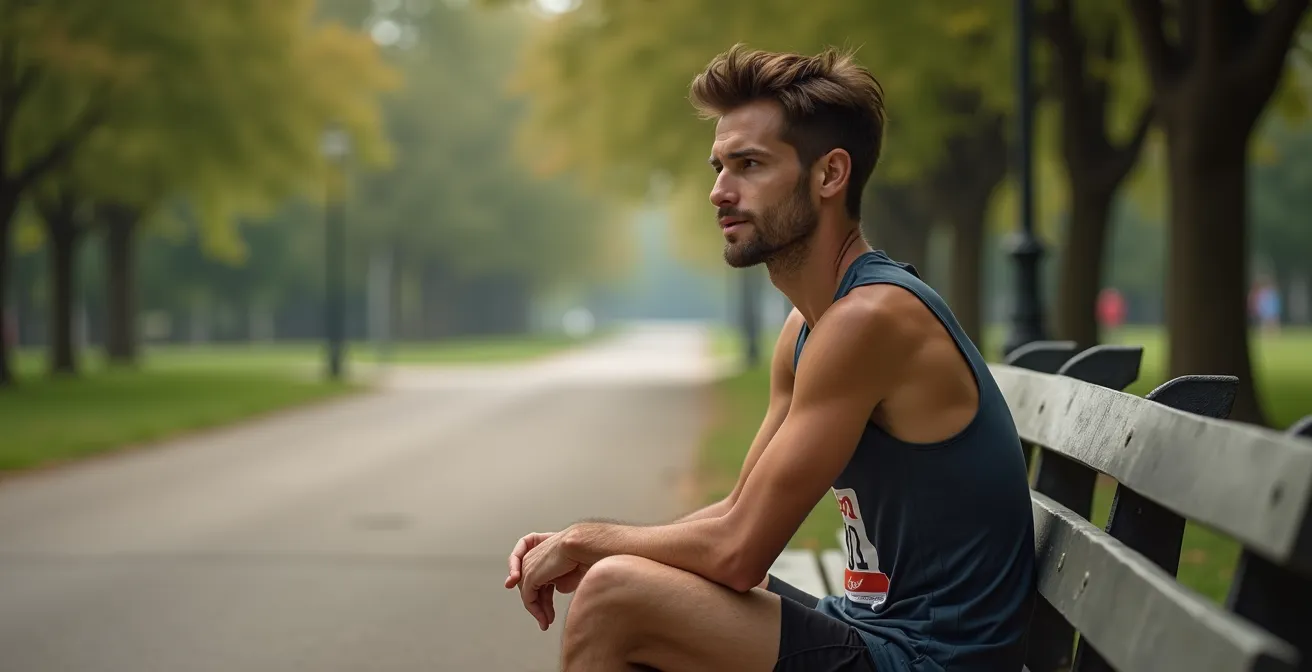 Marathonläufer kurz nach dem Ziel, erschöpft aber nachdenklich blickend