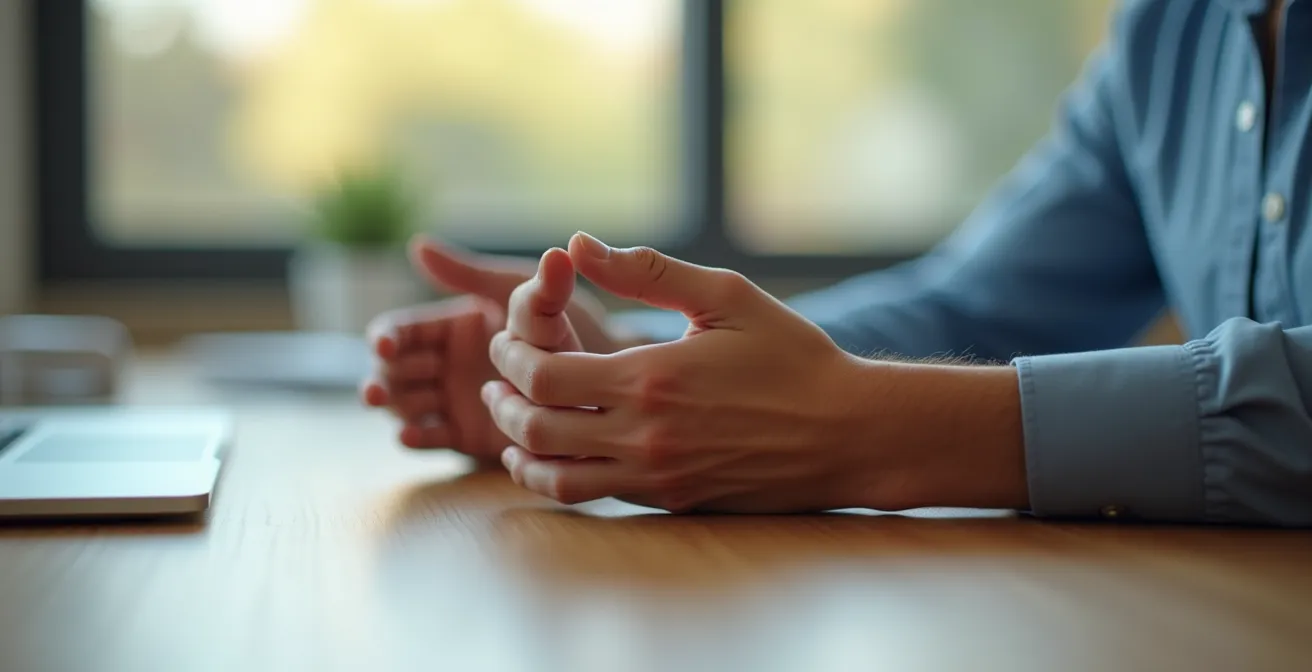 Nahaufnahme einer Person, die diskret am Schreibtisch eine Atemübung durchführt, um eine Angstattacke zu bewältigen