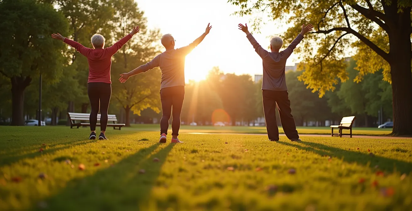 Aktive Senioren bei Mobilitätsübungen in einem sonnigen deutschen Stadtpark, die ihre Beweglichkeit erhalten.
