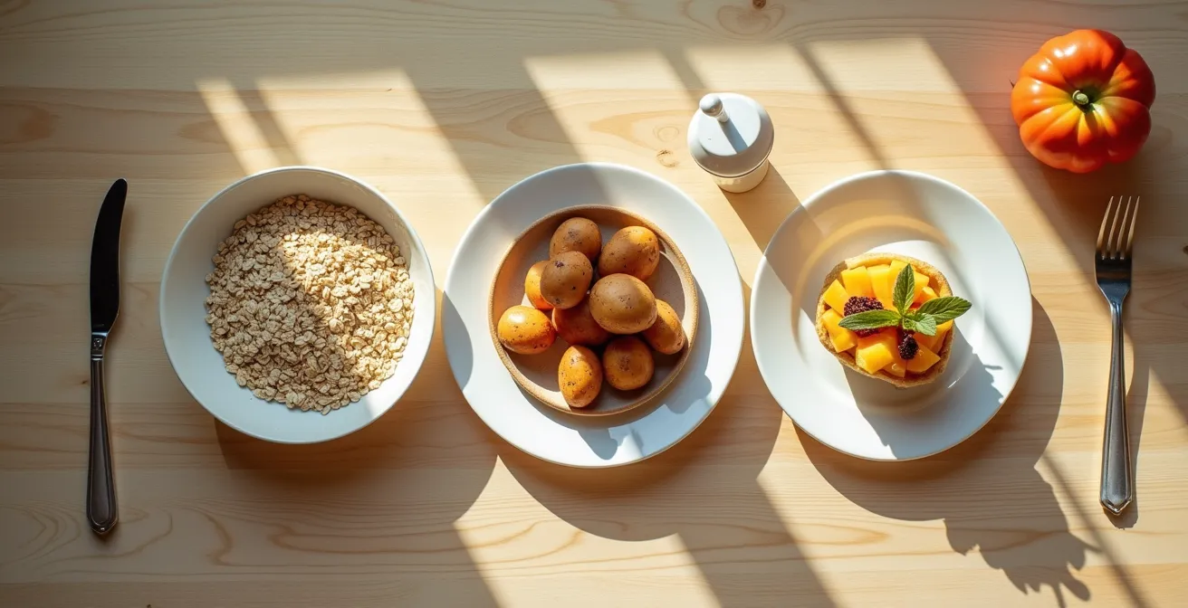 Tagesablauf mit verschiedenen Testphasen für Kohlenhydrat-Toleranz visualisiert durch Mahlzeiten auf einem Holztisch.