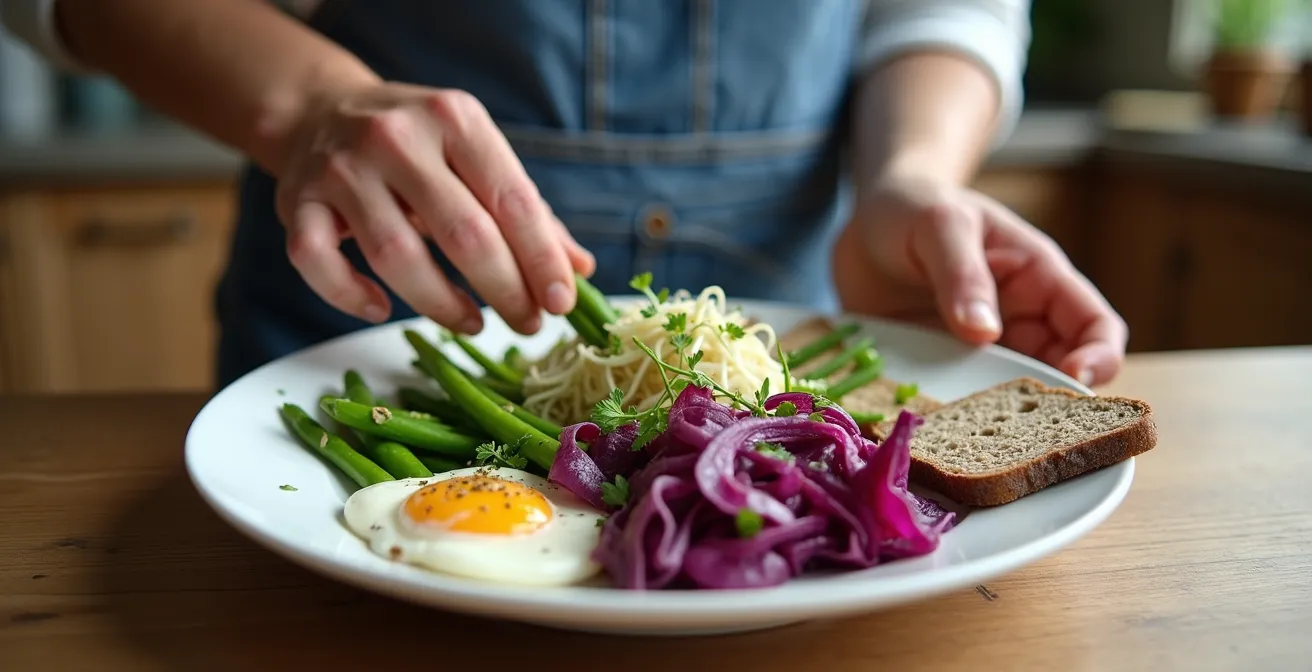 Tellermethode mit typisch deutschen Lebensmitteln wie Quark, Linsen und saisonalem Gemüse