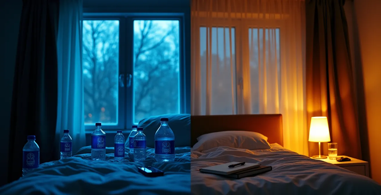 Symbolische Darstellung eines deutschen Schlafzimmers mit den häufigsten Abendfehlern links und einer optimalen Schlafumgebung rechts.