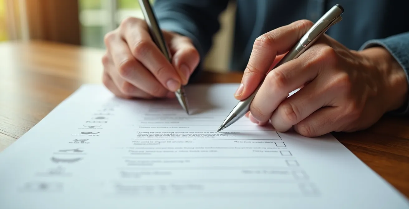 Person beim Ausfüllen eines Gesundheitsfragebogens mit Stift in ruhiger Umgebung