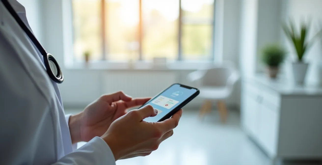 Eine Person hält ein Smartphone in der Hand, auf dessen Bildschirm eine Gesundheits-App mit unscharfem Interface zu sehen ist.