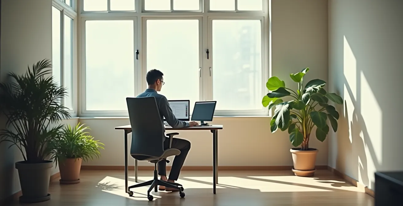 Weitwinkelaufnahme einer Person in natürlicher Arbeitsumgebung mit Fokus auf Körperhaltung