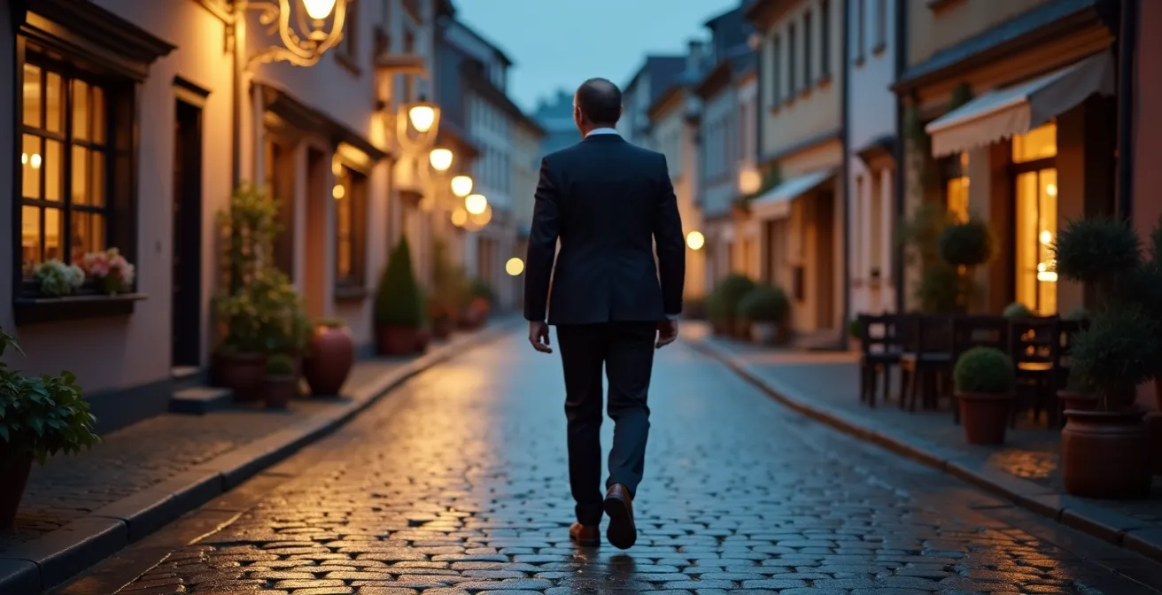 Person beim abendlichen Spaziergang durch beleuchtete deutsche Altstadt