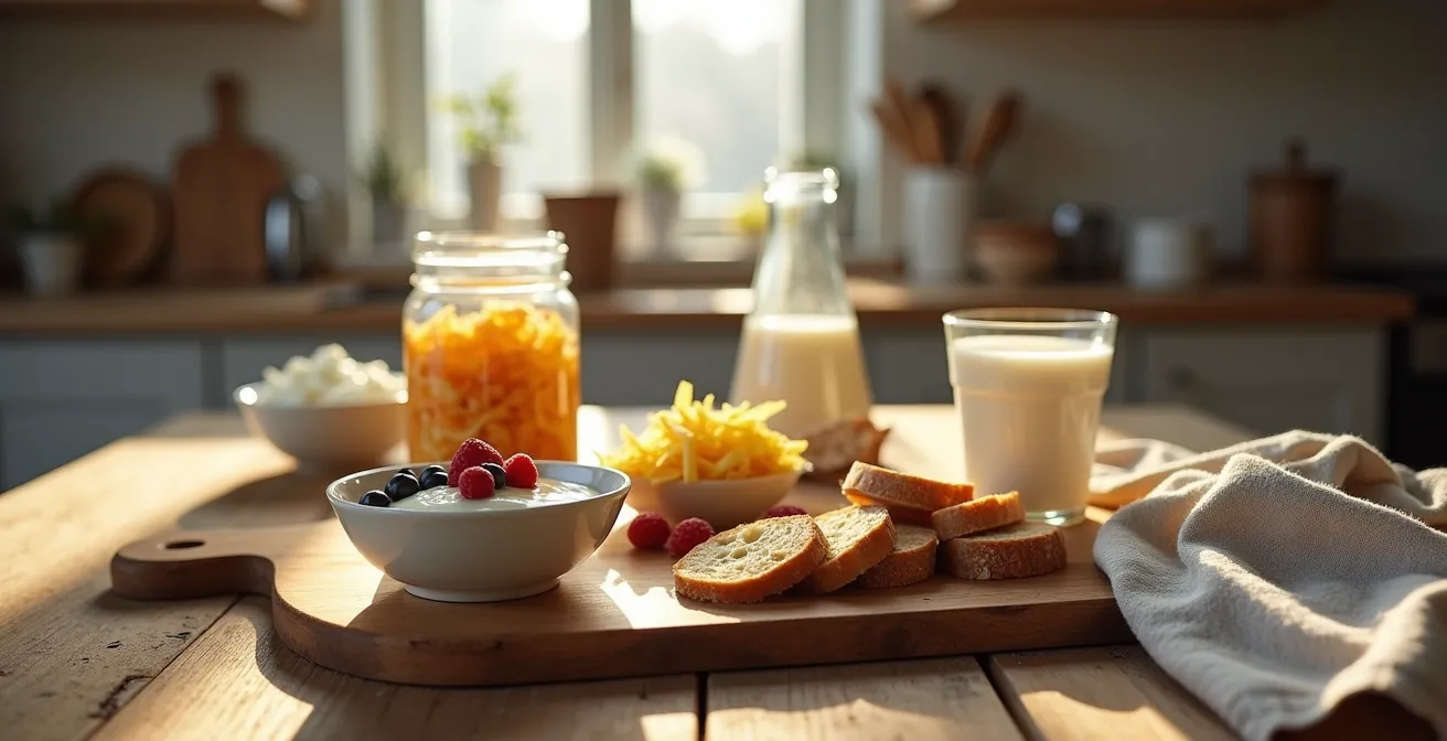 Deutsches Frühstück mit fermentierten Lebensmitteln auf rustikalem Holztisch