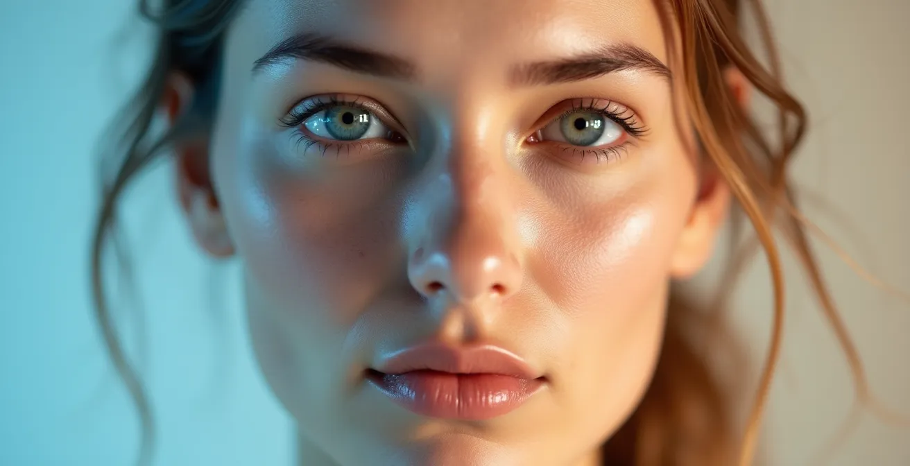 Gegenüberstellung von digitaler Perfektion und natürlicher Hautstruktur im Seitenprofil