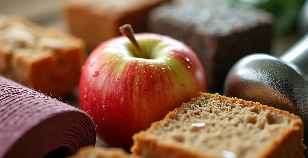 Verschiedene Sportgeräte und gesunde Lebensmittel arrangiert als modulare Bausteine