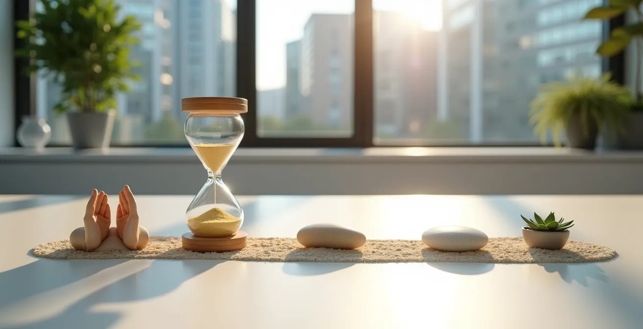 Fünf verschiedene Stresstechniken dargestellt durch symbolische Objekte im Bürokontext