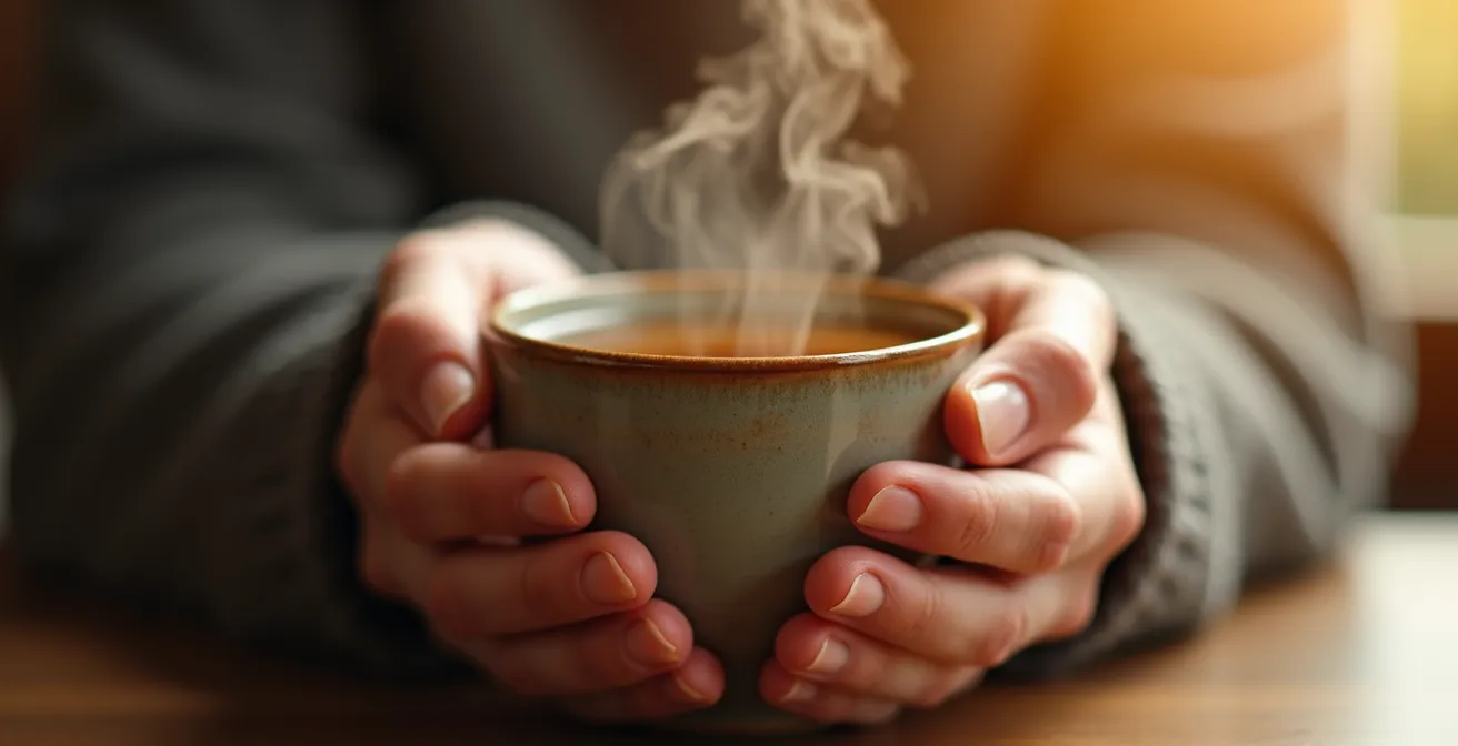 Makroaufnahme einer Hand, die achtsam eine Teetasse hält