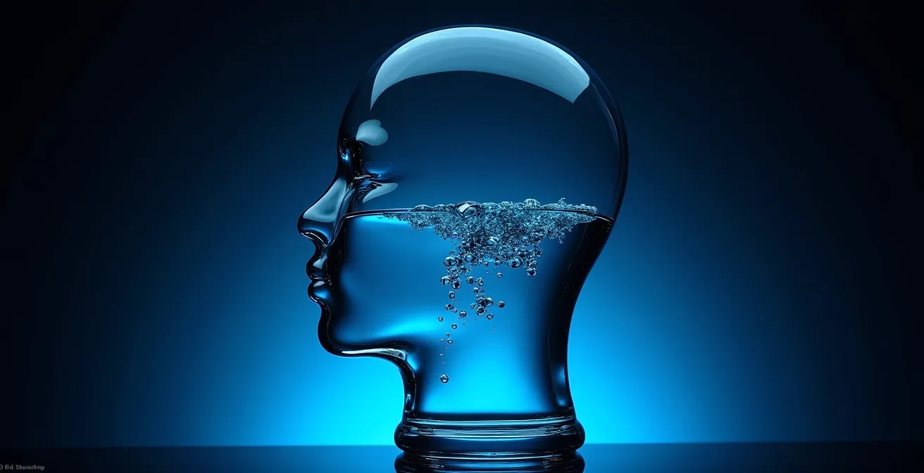 Künstlerische Darstellung von Wassertropfen die zu einem leuchtenden Gehirn fließen