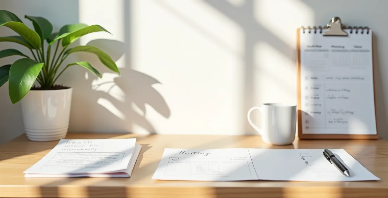 Arbeitsplatz mit handschriftlichen Notizen und Kalender zur Gesundheitsplanung