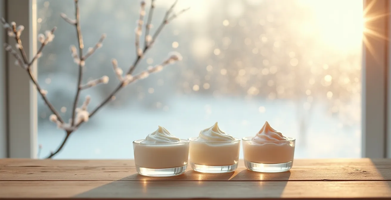 Nahaufnahme von reichhaltigen Cremetexturen neben einem beschlagenen Fenster, das die winterliche Atmosphäre und die Notwendigkeit einer Hautpflegeumstellung symbolisiert.