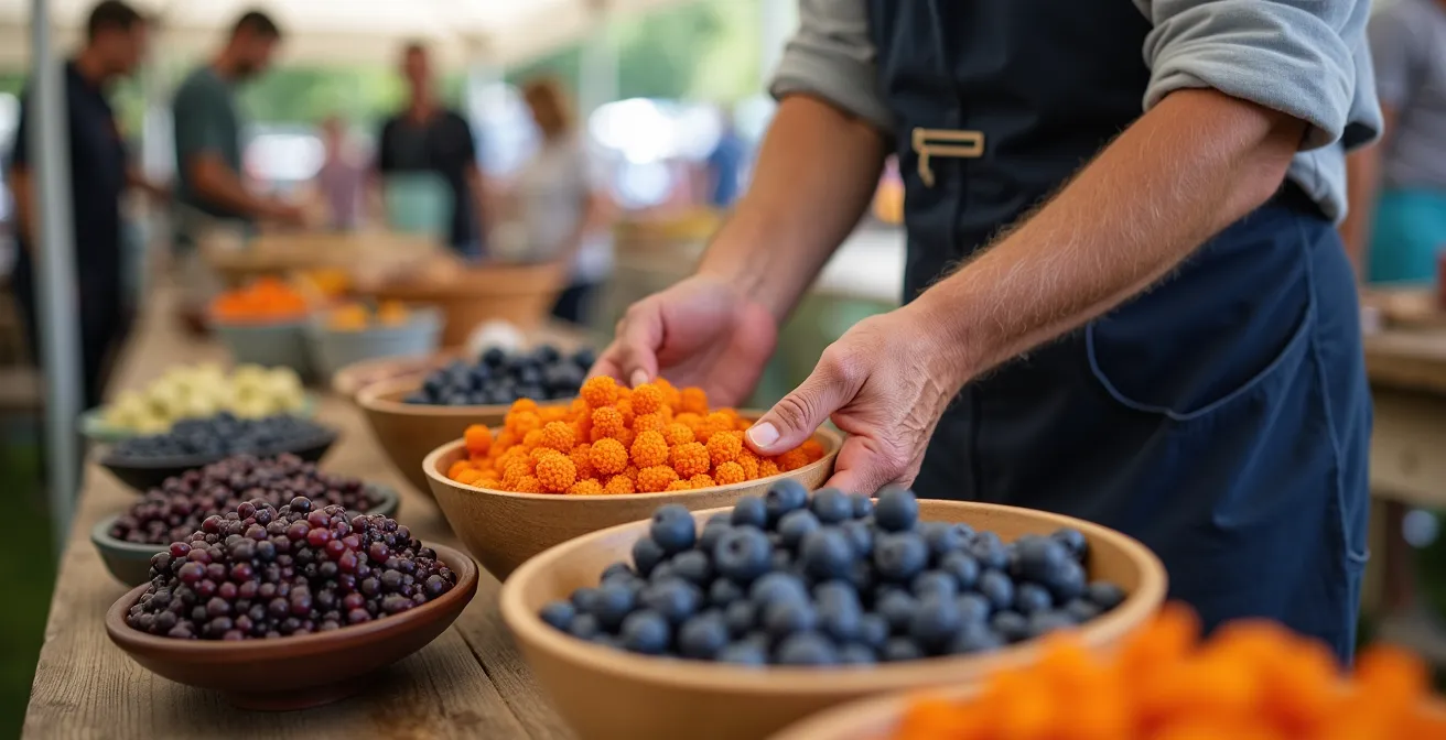 Heimische Superfoods in Holzschalen auf deutschem Wochenmarkt arrangiert