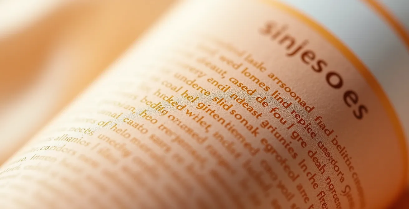 Makroaufnahme einer INCI-Liste mit Fokus auf die Position von Inhaltsstoffen