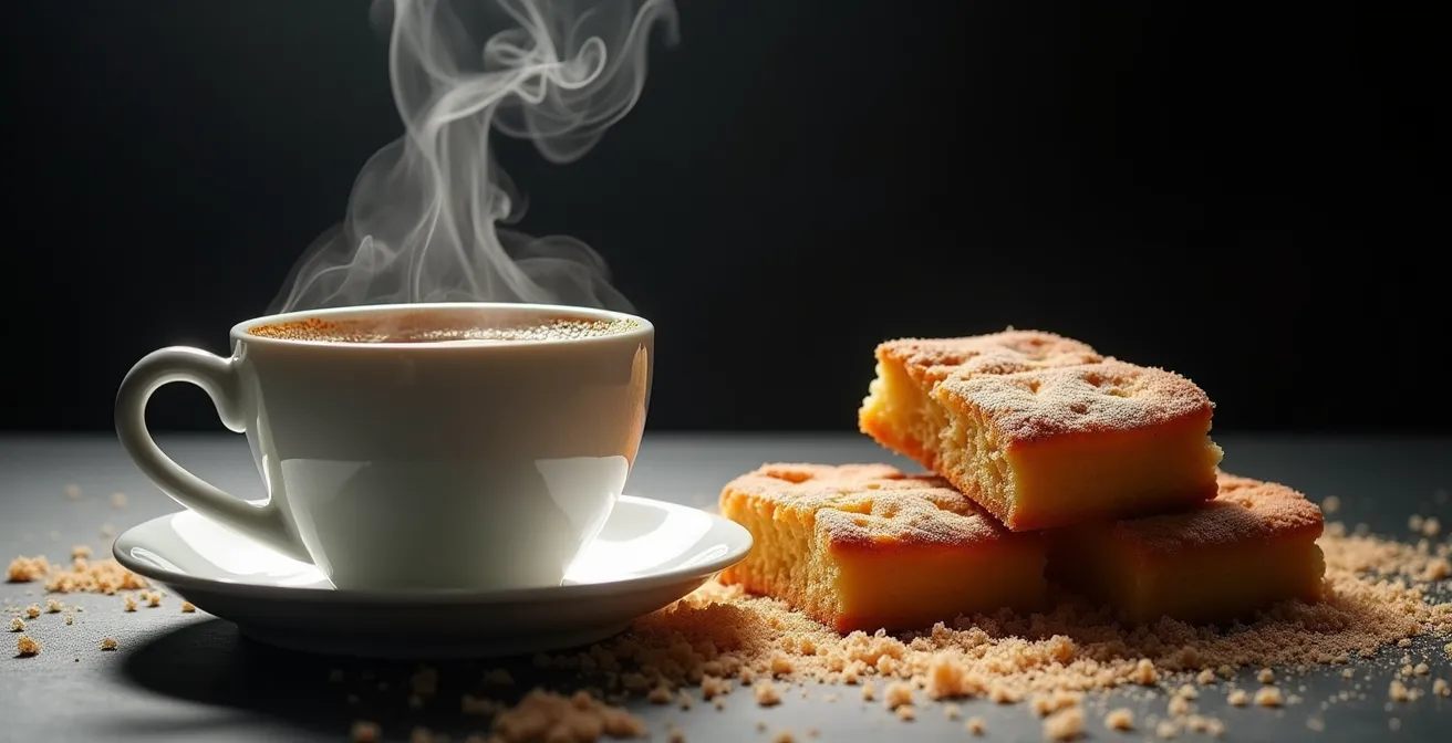Symbolische Darstellung der Kollagen-schädigenden Glykation durch Zucker, gezeigt als klebrige Zuckerfäden zwischen Kaffeetasse und Kuchen.