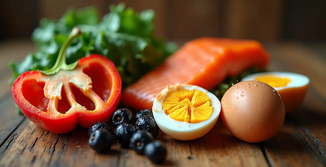 Frische deutsche Kollagen-Superfoods wie Lachs, Paprika, Eier und Grünkohl arrangiert auf einem Holztisch