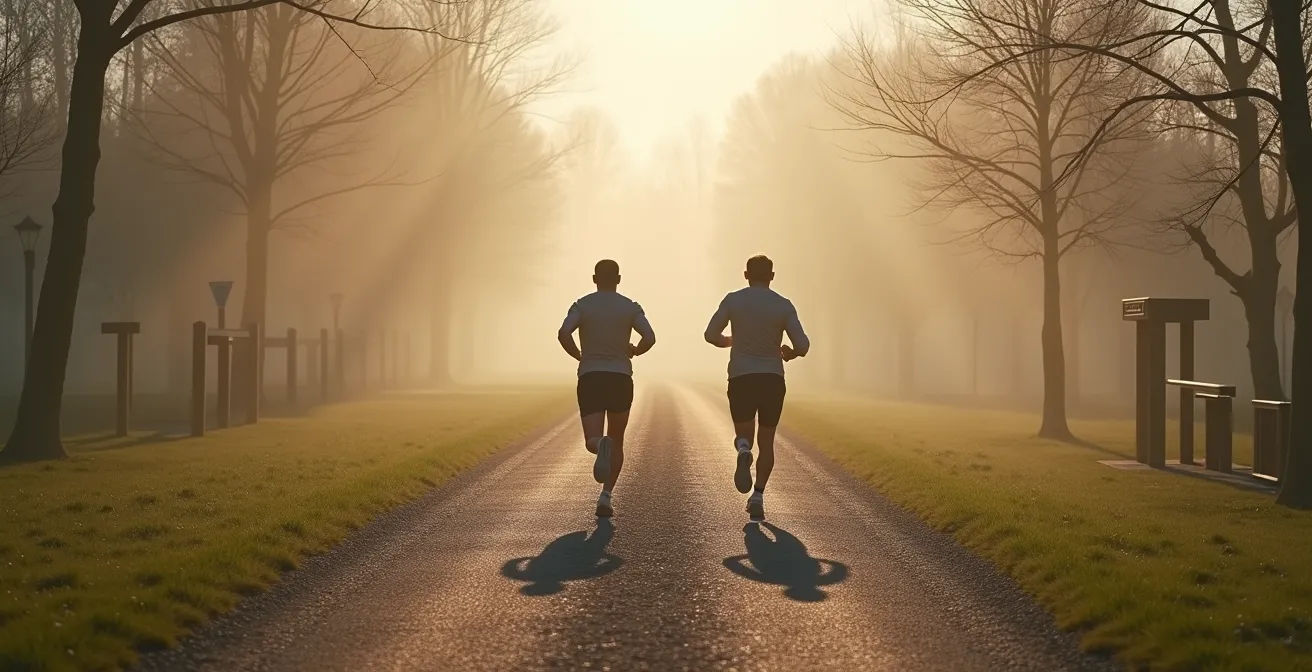 Laufanfänger beim strukturierten Training auf einem Parkweg mit Trainingspartner