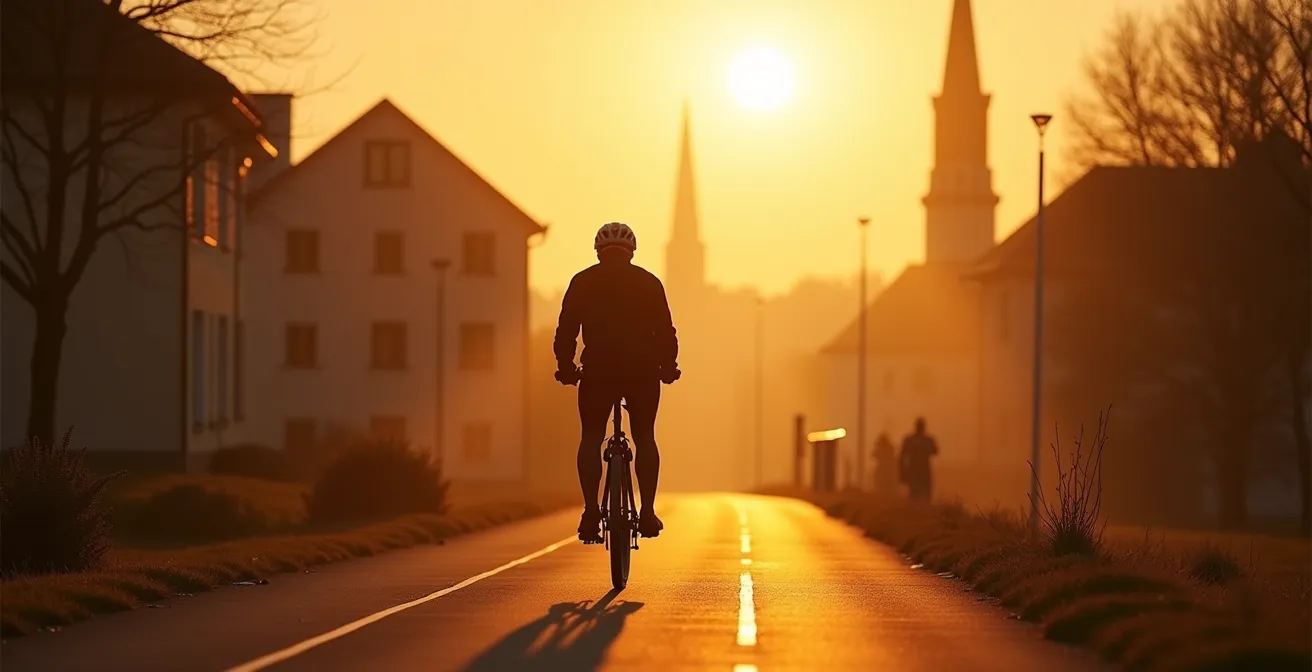 Pendler auf dem Fahrrad im Morgenlicht als Beispiel für Autophagie-fördernde Bewegung
