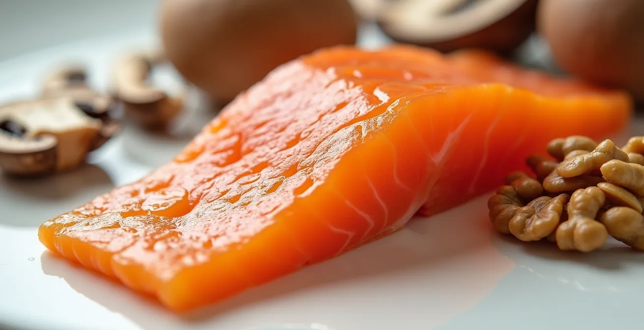 Makroaufnahme von Vitamin-D-reichen Lebensmitteln und Nahrungsergänzungsmitteln