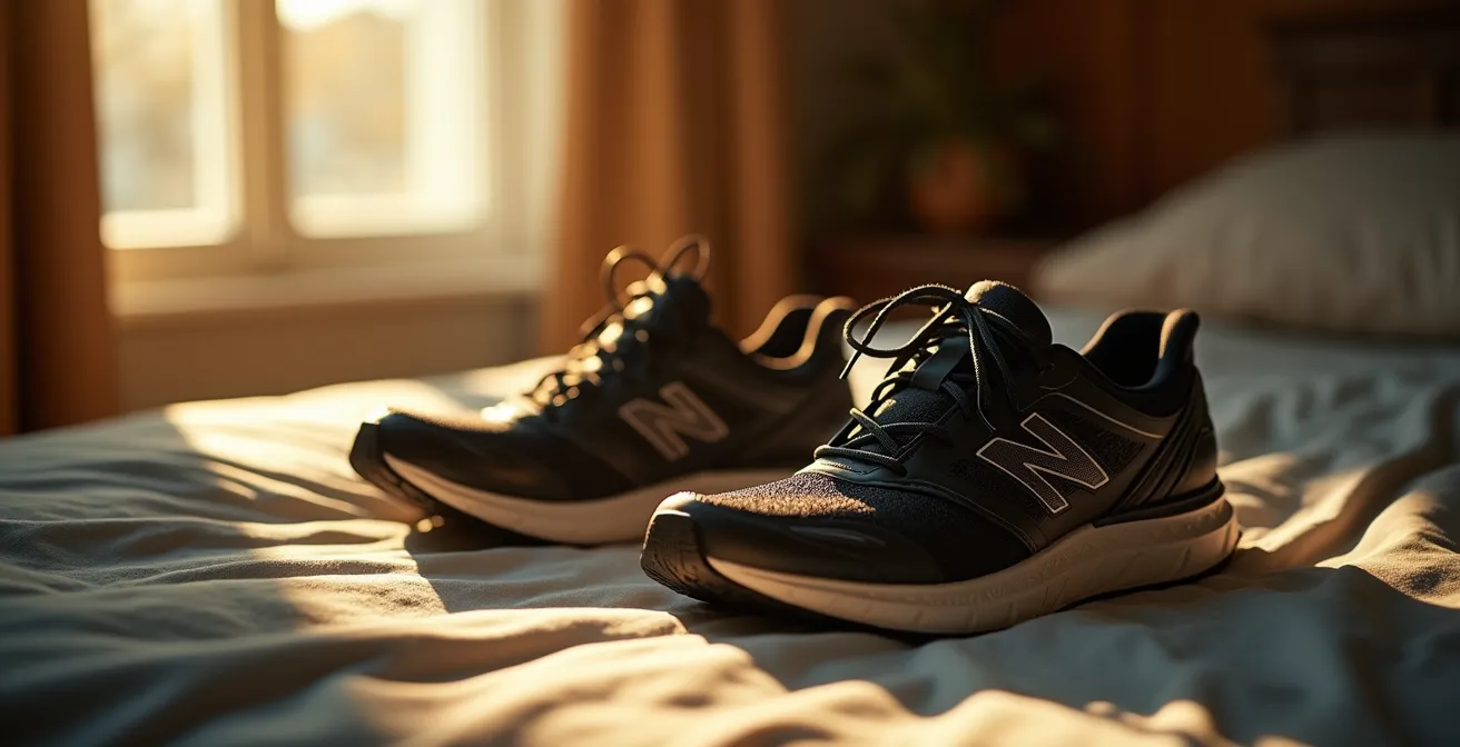 Ein Paar Laufschuhe, die neben einem Bett im Morgenlicht stehen und den sanften Neustart einer Bewegungsgewohnheit symbolisieren.