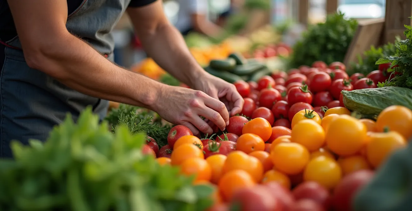 Frische deutsche Gemüseauswahl in Regenbogenfarben arrangiert