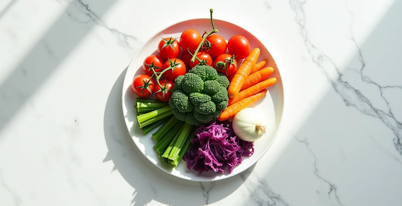 Bunter Teller mit antioxidantienreichen Lebensmitteln in Regenbogenfarben
