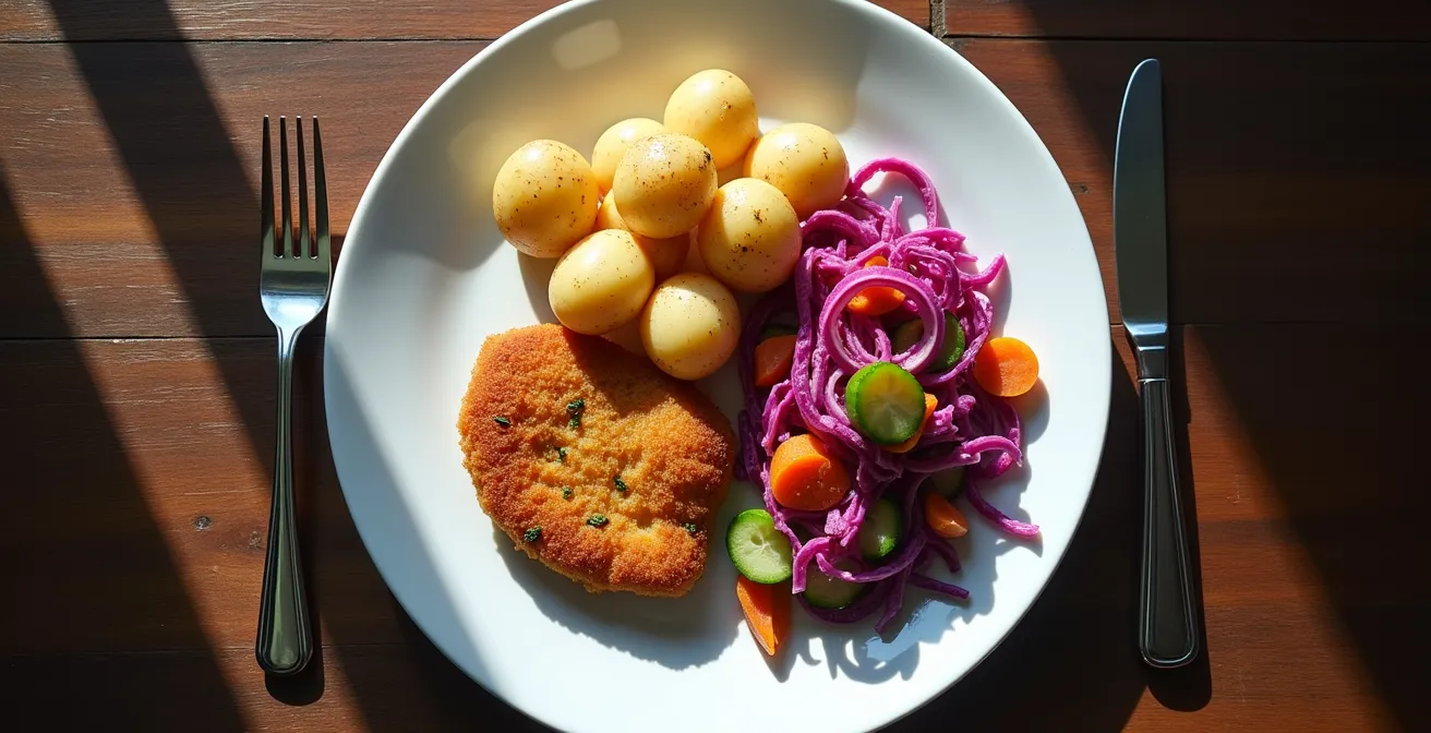 Traditioneller deutscher Teller mit buntem Gemüse nach der Teller-Methode arrangiert