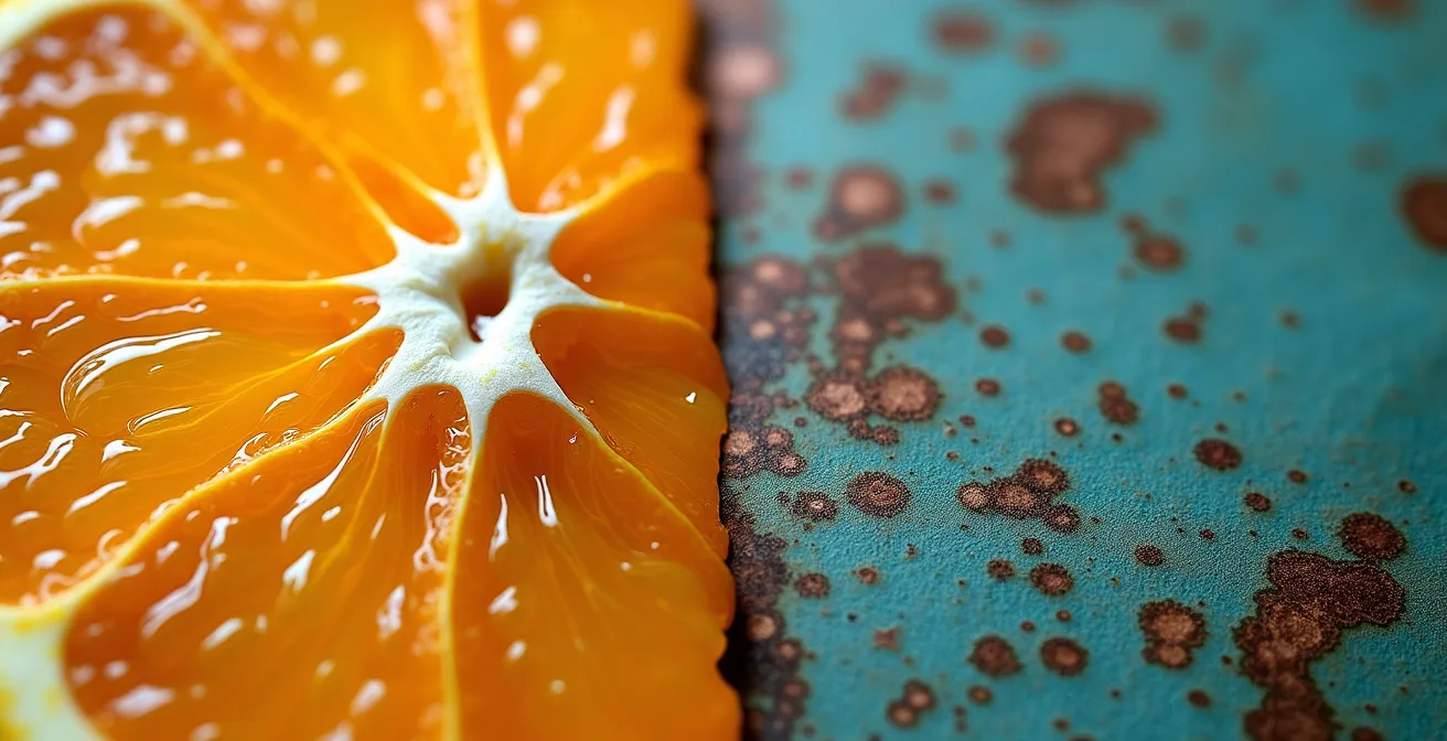 Makroaufnahme einer halbierten Zitrusfrucht neben oxidiertem Metall als Metapher für Zellschutz