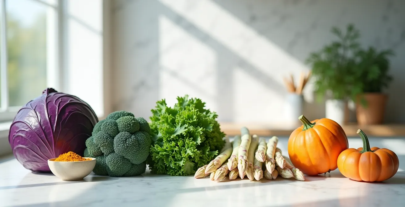 Arrangement von saisonalem deutschem Gemüse und entzündungshemmenden Lebensmitteln