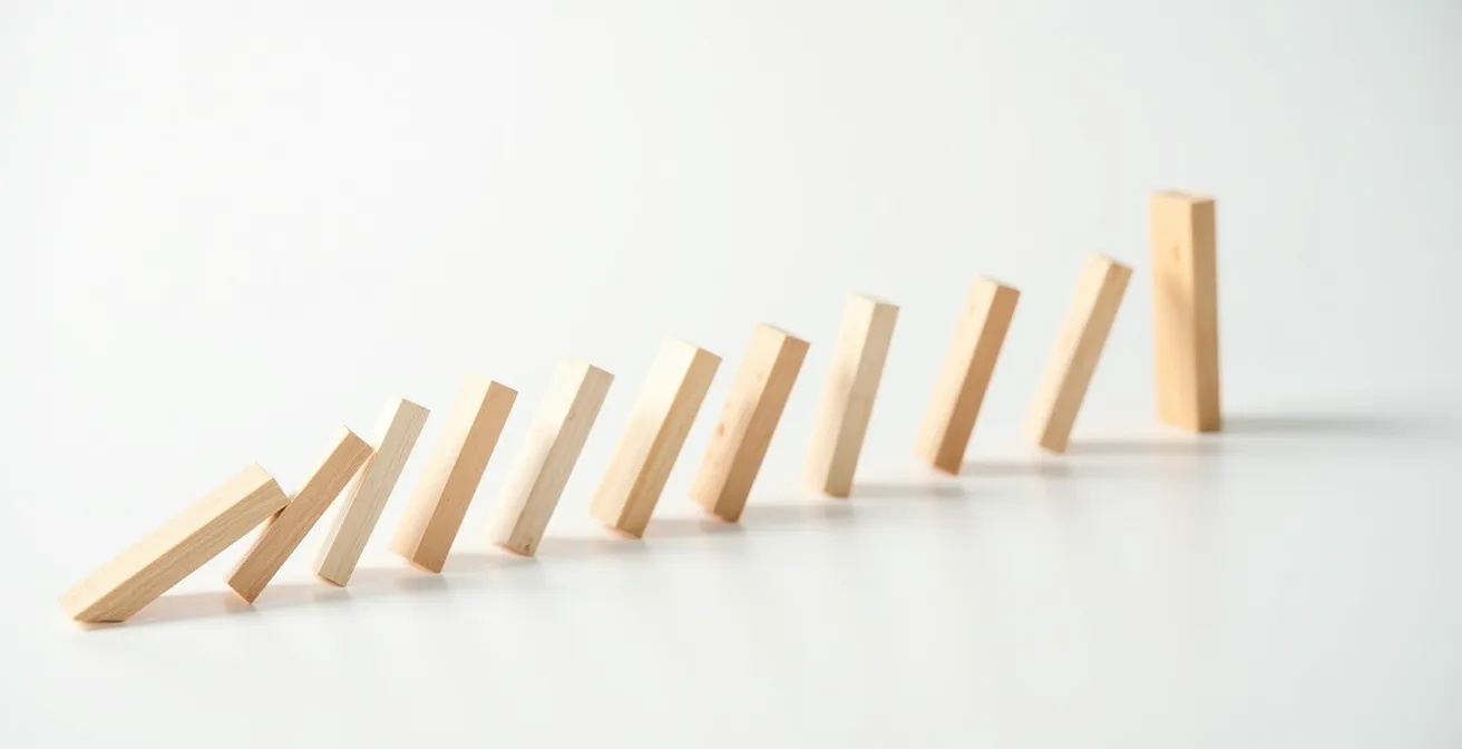 Dominosteine in einer Reihe als Metapher für eine Gewohnheitskette, bei der eine Gewohnheit die nächste anstößt.