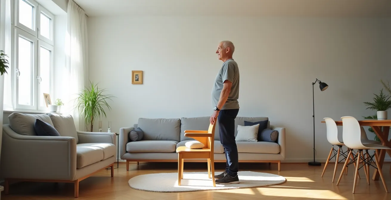 Person mittleren Alters führt Chair-Stand-Test zu Hause durch