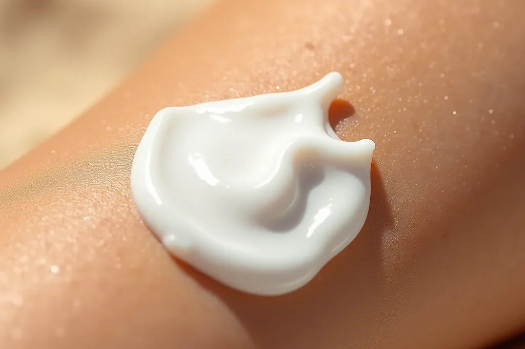 Makroaufnahme von Sonnencreme-Textur auf Haut zeigt korrekte Auftragsmenge