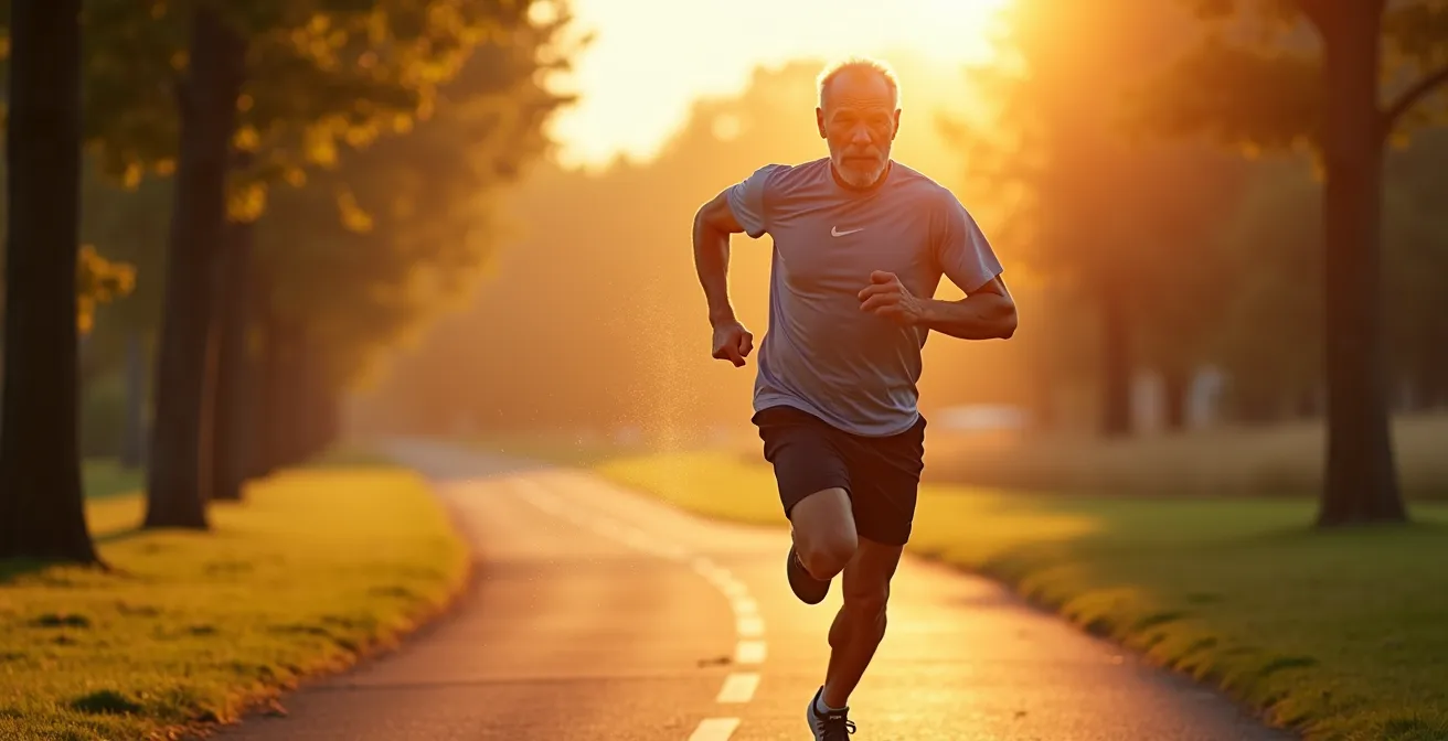 Person beim Training im Park mit abstrakten Energiemustern, die Stammzellaktivierung symbolisieren