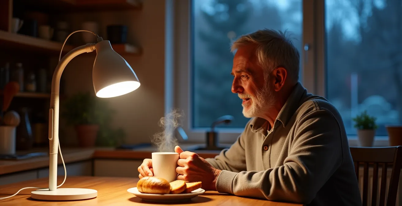 Eine Person nutzt eine Tageslichtlampe beim Frühstück an einem dunklen Wintermorgen in Deutschland zur Stimmungs- und Schlafverbesserung.