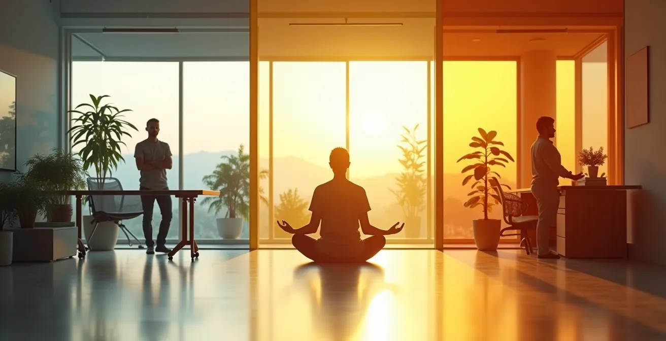 Minimalistische Darstellung eines Bürotages mit drei markierten Regenerationsphasen: Morgen, Mittag und Nachmittag