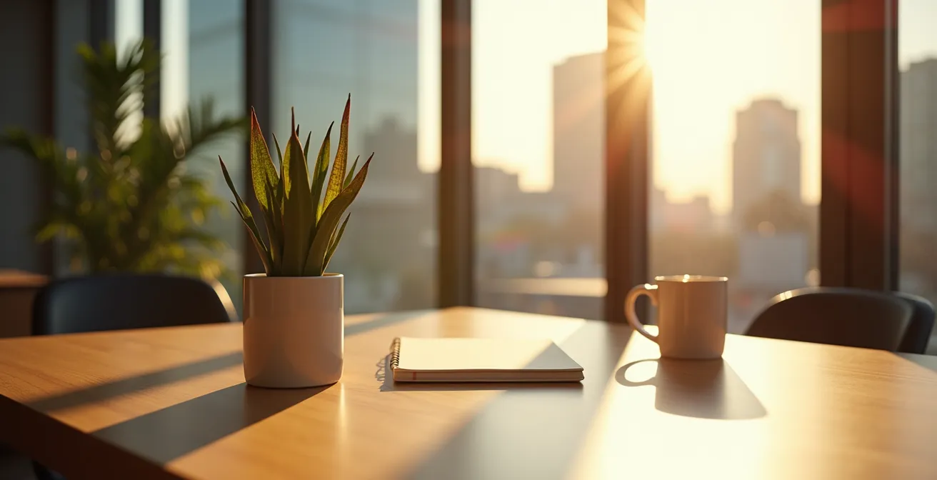 Büroarbeitsplatz mit Sonnenlicht durch große Fenster zeigt unsichtbare UV-Gefahr