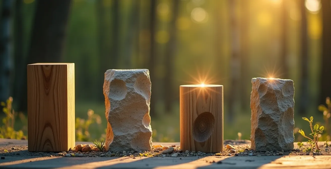 Vier symbolische Säulen des Gehirntrainings dargestellt durch natürliche Elemente in einer deutschen Waldlandschaft