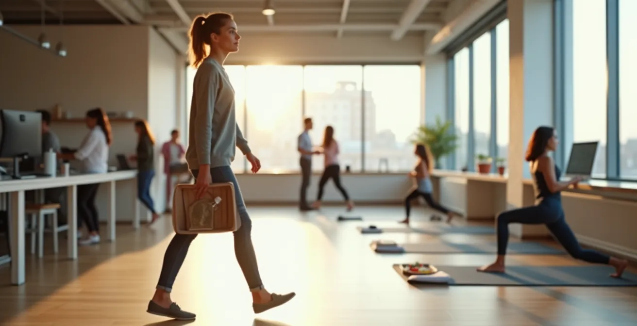 Visuelles Schema der vier Säulen des Wohlbefindens integriert in einen Tagesablauf