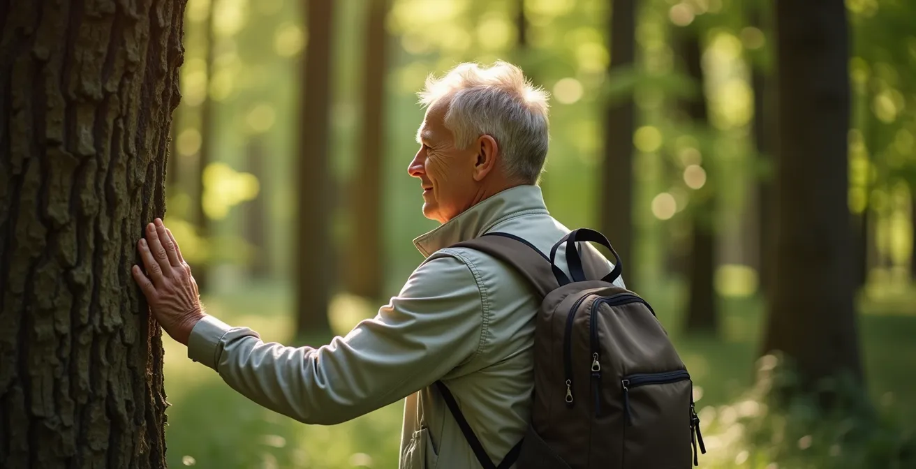 Person beim traditionellen Waldbaden im deutschen Wald ohne Smartphone