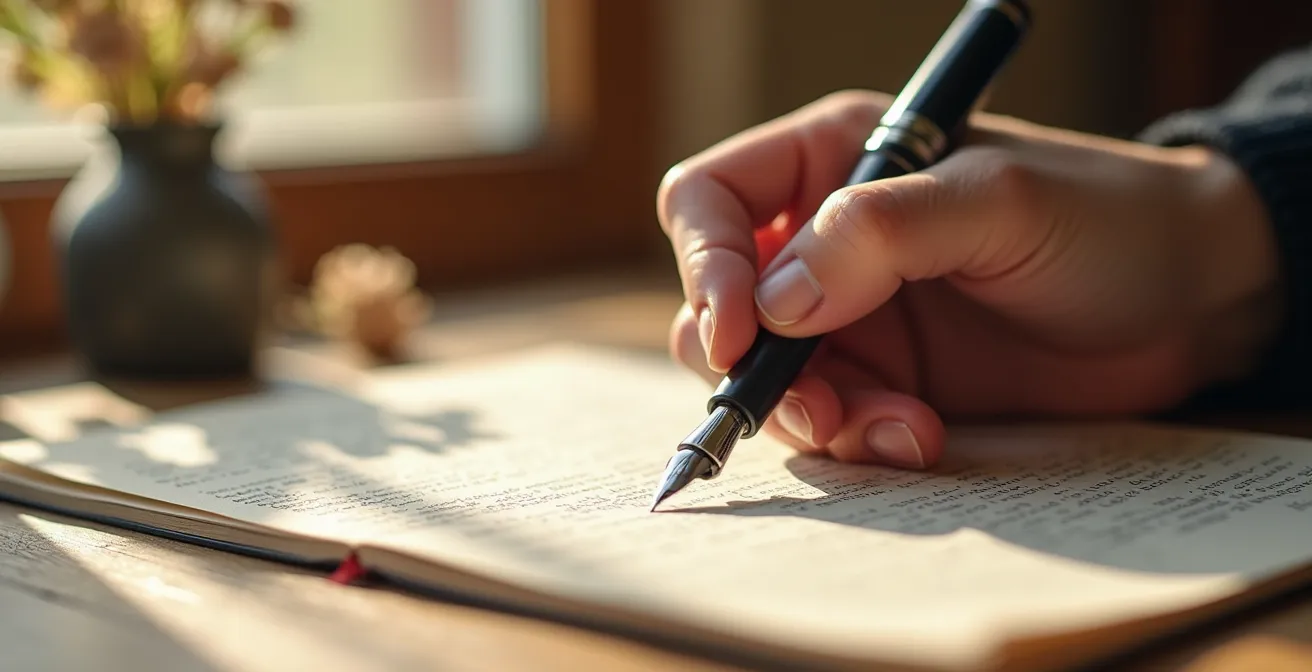 Detailaufnahme von Händen beim handschriftlichen Verfassen eines Wellness-Manifests