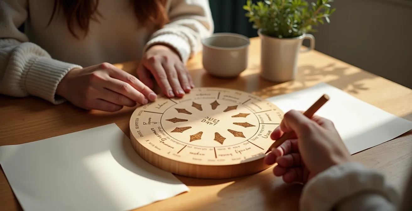 Person beim Ausfüllen eines Wellness-Rades mit den 8 Gesundheitsdimensionen