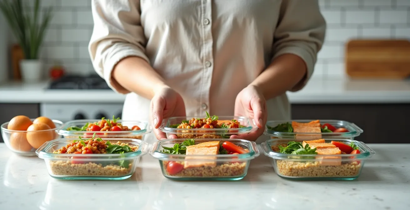 Meal-Prep-Behälter mit entzündungshemmenden Gerichten für eine Woche