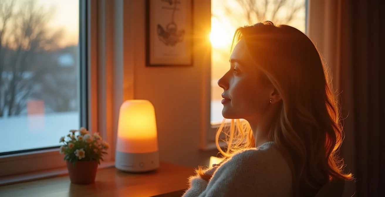 Person bei morgendlicher Lichtexposition am Fenster mit Tageslichtlampe